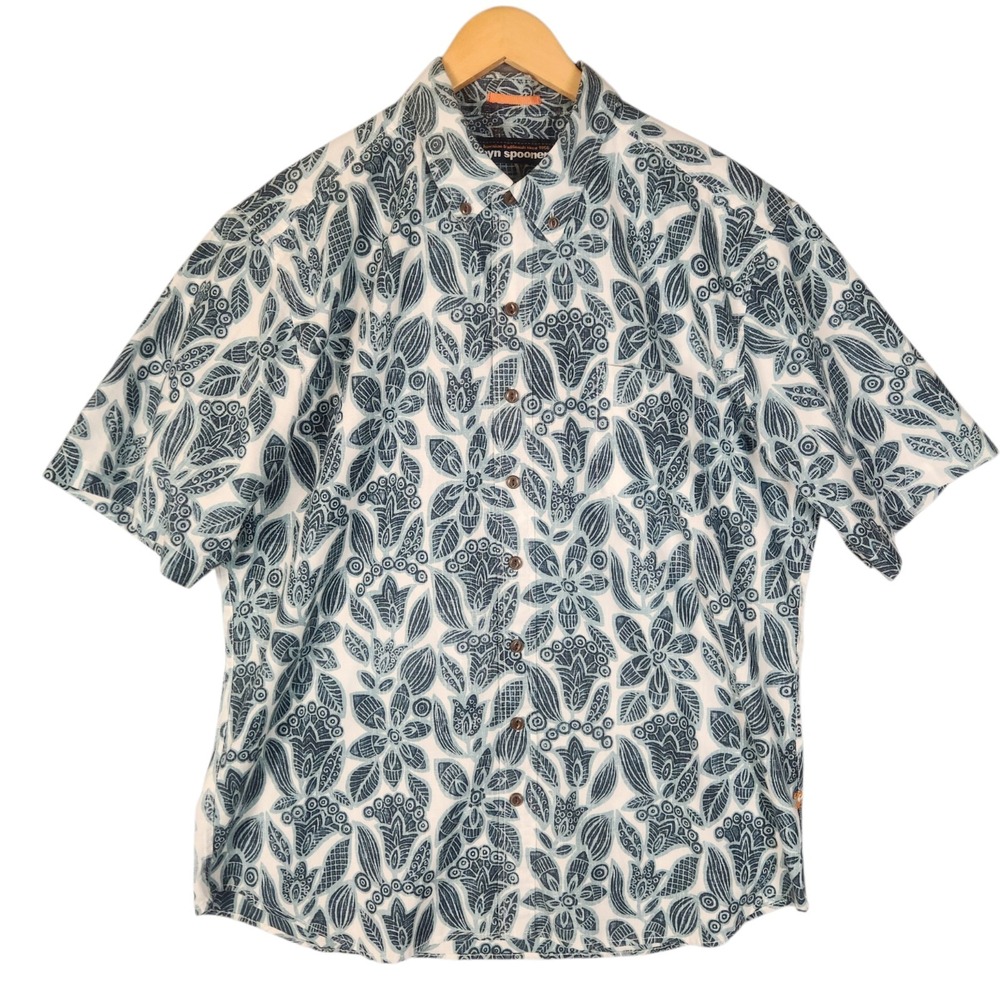 Reyn Spooner Hawaiian Shirt Men's XL Blue White Floral Batik Reverse Print Aloha